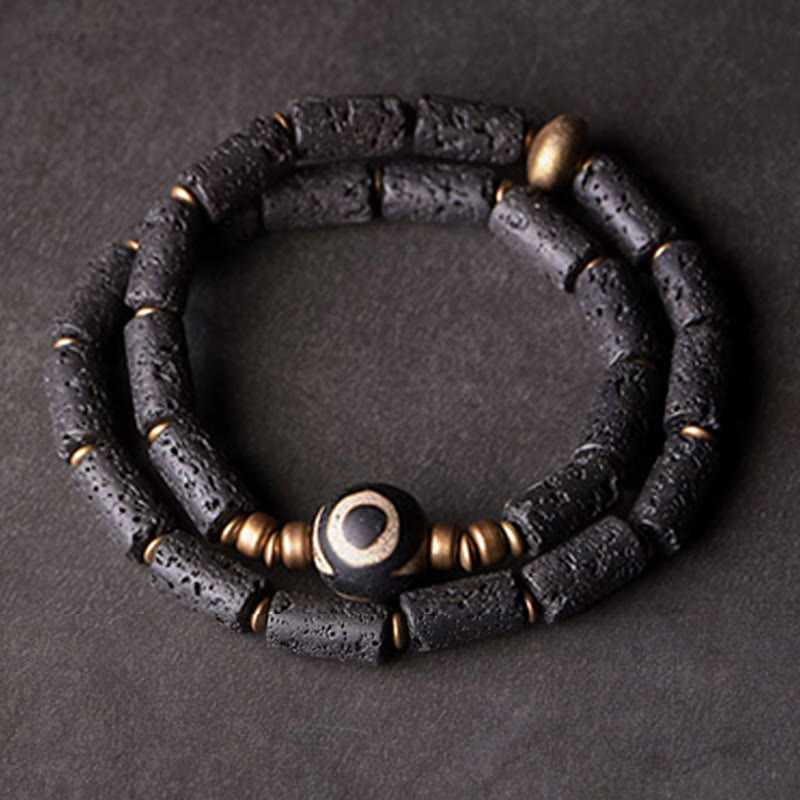 Buddha Stones Vintage Lava Rock Three-eyed Dzi Bead Copper Brass Multi-turn Wrap Calm Bracelet - image 8
