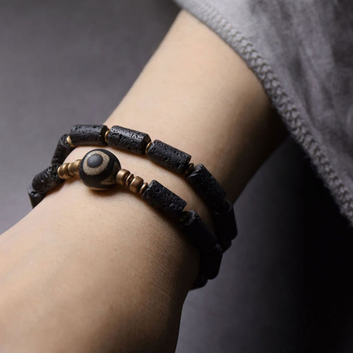 Buddha Stones Vintage Lava Rock Three-eyed Dzi Bead Copper Brass Multi-turn Wrap Calm Bracelet - image 3