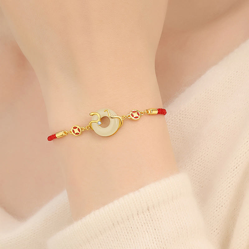 Buddha Stones Hetian Jade Chalcedony Peace Buckle Coin 925 Sterling Silver Year Of The Snake Red String Prosperity Bracelet - image 4