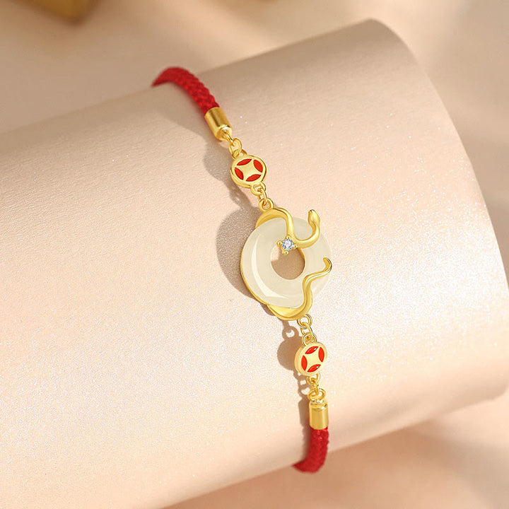 Buddha Stones Hetian Jade Chalcedony Peace Buckle Coin 925 Sterling Silver Year Of The Snake Red String Prosperity Bracelet - image 3