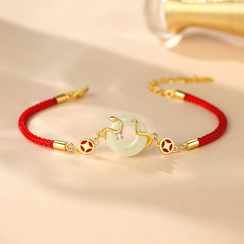Buddha Stones Hetian Jade Chalcedony Peace Buckle Coin 925 Sterling Silver Year Of The Snake Red String Prosperity Bracelet - Hetian Jade 925 Sterling Silver Gold Snake(Length: 15+4cm) - image 0