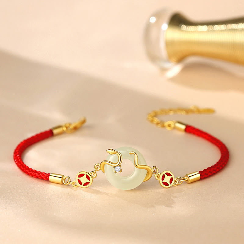 Buddha Stones Hetian Jade Chalcedony Peace Buckle Coin 925 Sterling Silver Year Of The Snake Red String Prosperity Bracelet - image 2