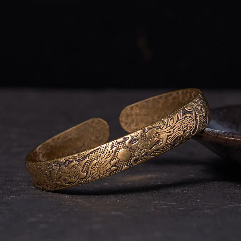 Buddha Stones Dragon And Phoenix Playing With A Pearl Carved Copper Brass Luck Protection Bracelet Bangle - Vintage(Wrist Circumference: 14-17cm) - image 0