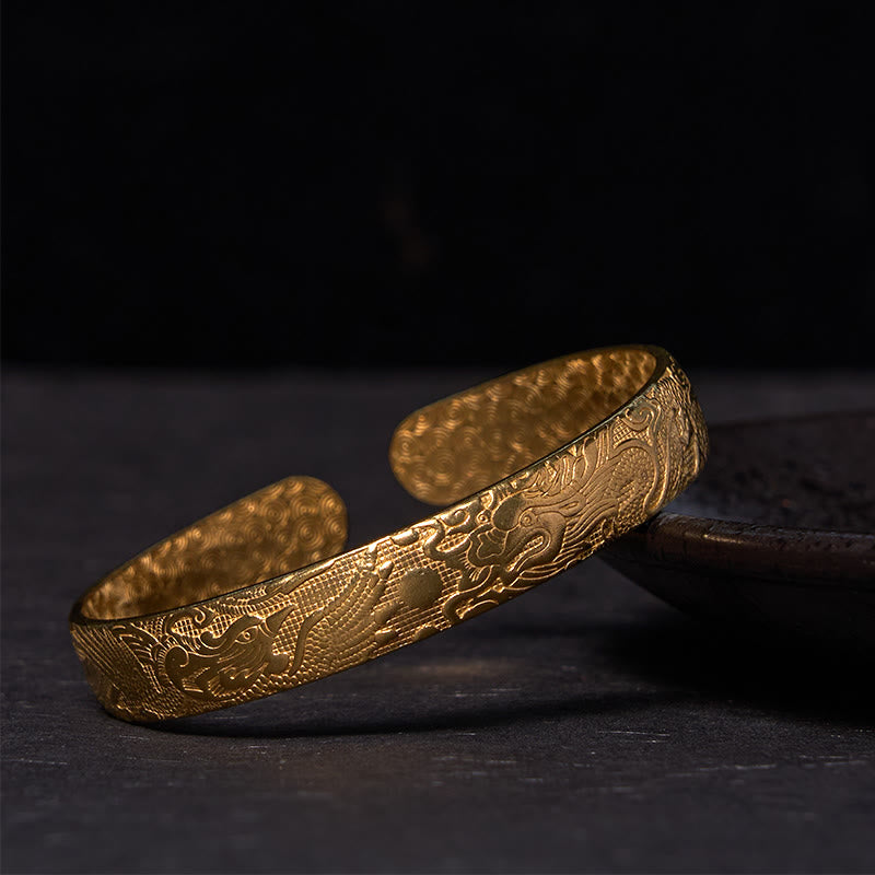 Buddha Stones Dragon And Phoenix Playing With A Pearl Carved Copper Brass Luck Protection Bracelet Bangle - Polished(Wrist Circumference: 14-17cm) - image 7