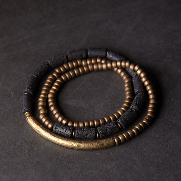 Buddha Stones Vintage Lava Rock Copper Brass Multi-turn Wrap Calm Bracelet - Lava Rock Brass(Wrist Circumference: 17-17.6cm) - image 0