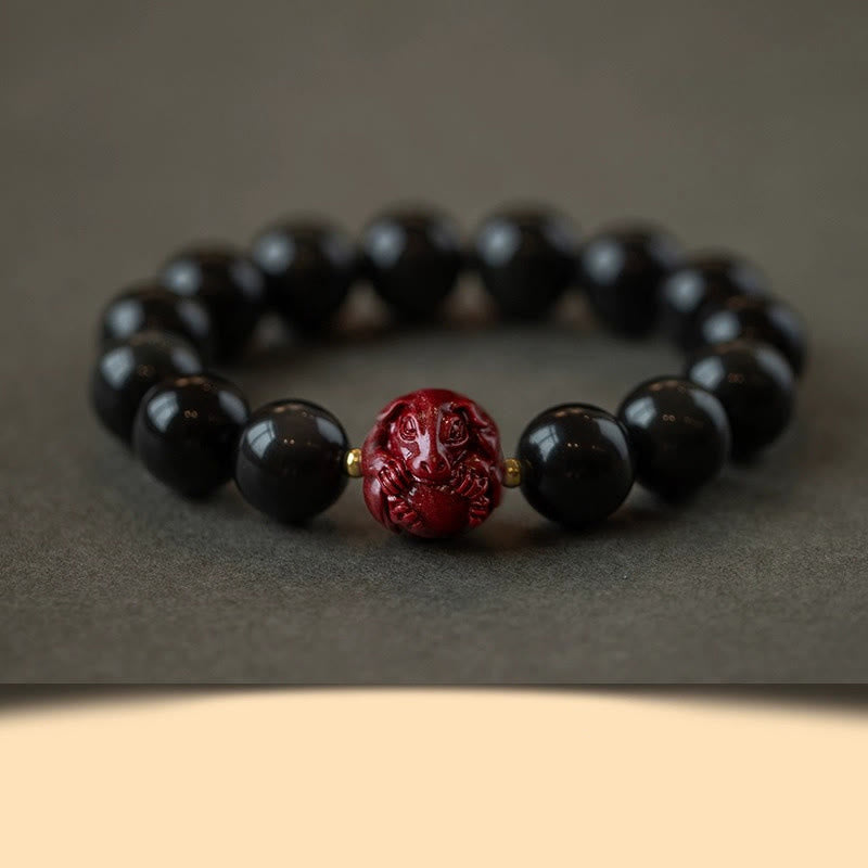 Buddha Stones Chinese Zodiac Natural Black Obsidian Cinnabar Purification Bracelet - 12mm Black Obsidian Cinnabar-Dog - image 34