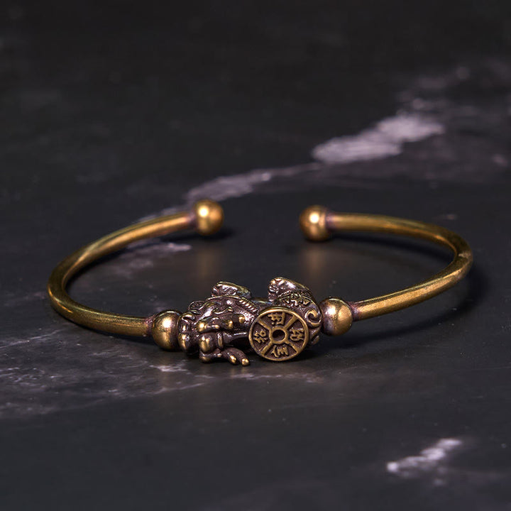 Buddha Stones Pi Xiu Carrying Compass Fu Character Copper Brass Luck Wealth Bracelet Bangle - image 1