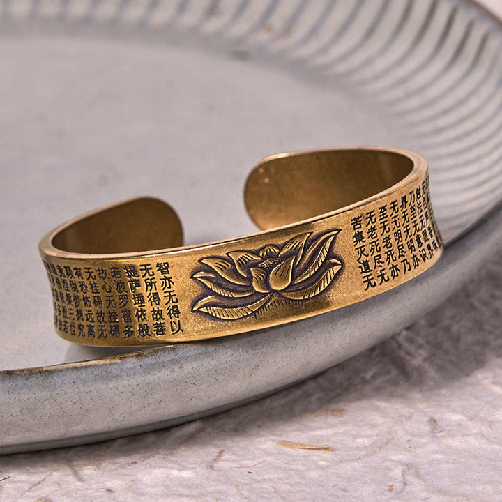 Buddha Stones Heart Sutra Lotus Flower Copper Brass Peace Cuff Bracelet Bangle - image 2