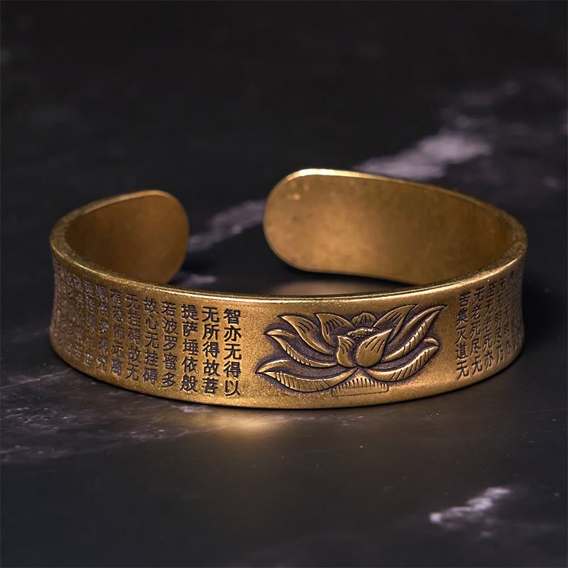 Buddha Stones Heart Sutra Lotus Flower Copper Brass Peace Cuff Bracelet Bangle - image 1