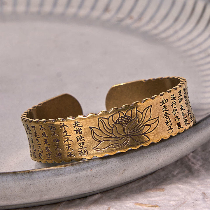 Buddha Stones Heart Sutra Lotus Flower Copper Brass Peace Enlightenment Cuff Bracelet Bangle - image 4