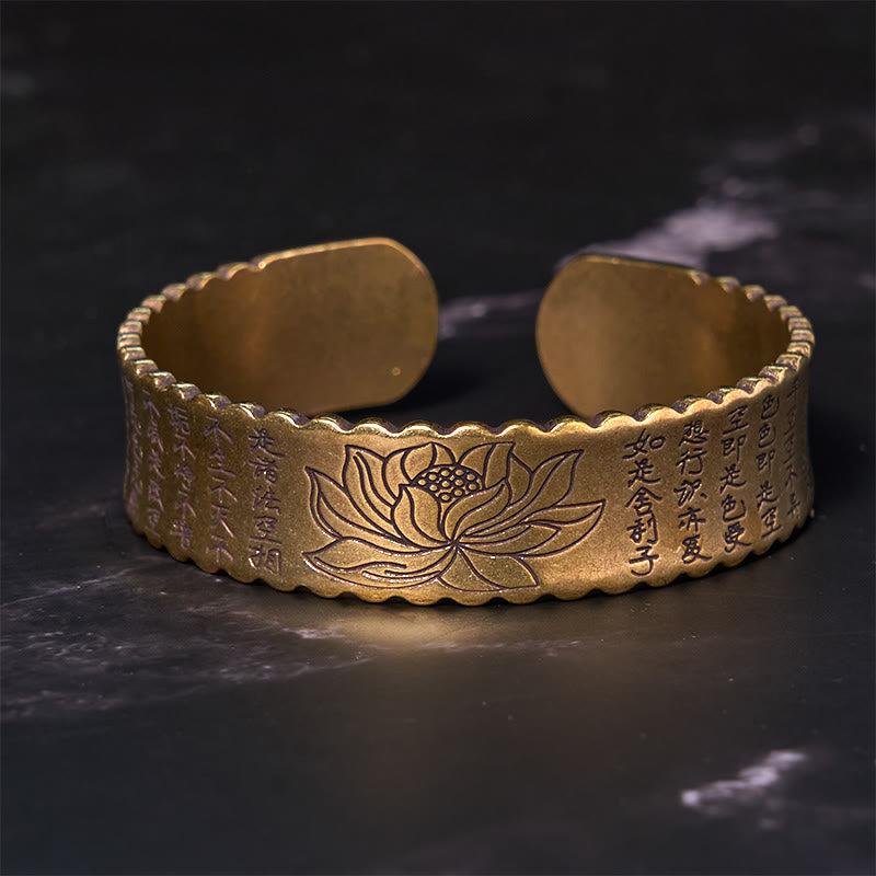 Buddha Stones Heart Sutra Lotus Flower Copper Brass Peace Enlightenment Cuff Bracelet Bangle - image 1