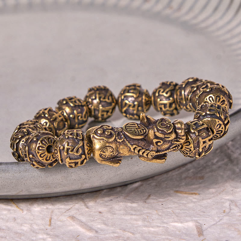 Buddha Stones Pi Xiu Carrying Fu Character Six True Words 'om Mani Padme Hum' Copper Brass Beads Wealth Bracelet Bangle - image 2