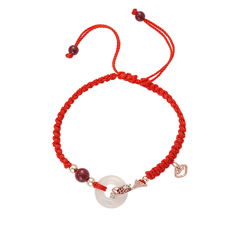 Buddha Stones Handmade Chalcedony Peace Buckle Koi Fish 925 Sterling Silver Braided String Positive Couple's Bracelet - image 11
