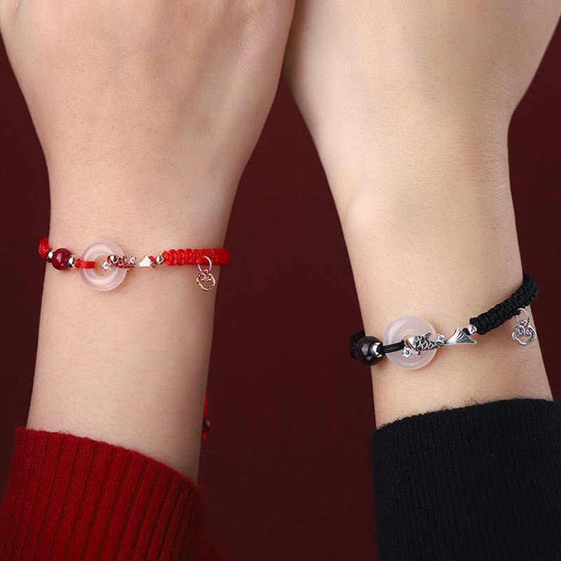 Buddha Stones Handmade Chalcedony Peace Buckle Koi Fish 925 Sterling Silver Braided String Positive Couple's Bracelet - image 4