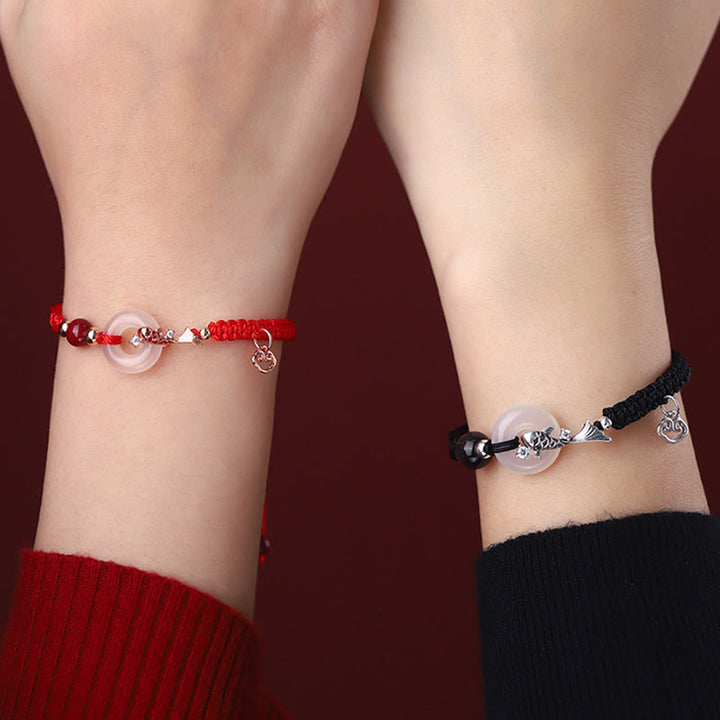 Buddha Stones Handmade Chalcedony Peace Buckle Koi Fish 925 Sterling Silver Braided String Positive Couple's Bracelet - image 4