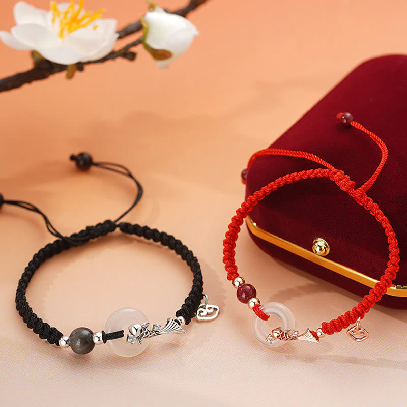 Buddha Stones Handmade Chalcedony Peace Buckle Koi Fish 925 Sterling Silver Braided String Positive Couple's Bracelet - image 1