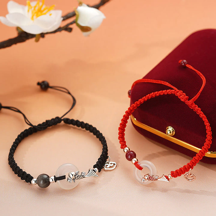 Buddha Stones Handmade Chalcedony Peace Buckle Koi Fish 925 Sterling Silver Braided String Positive Couple's Bracelet - image 1