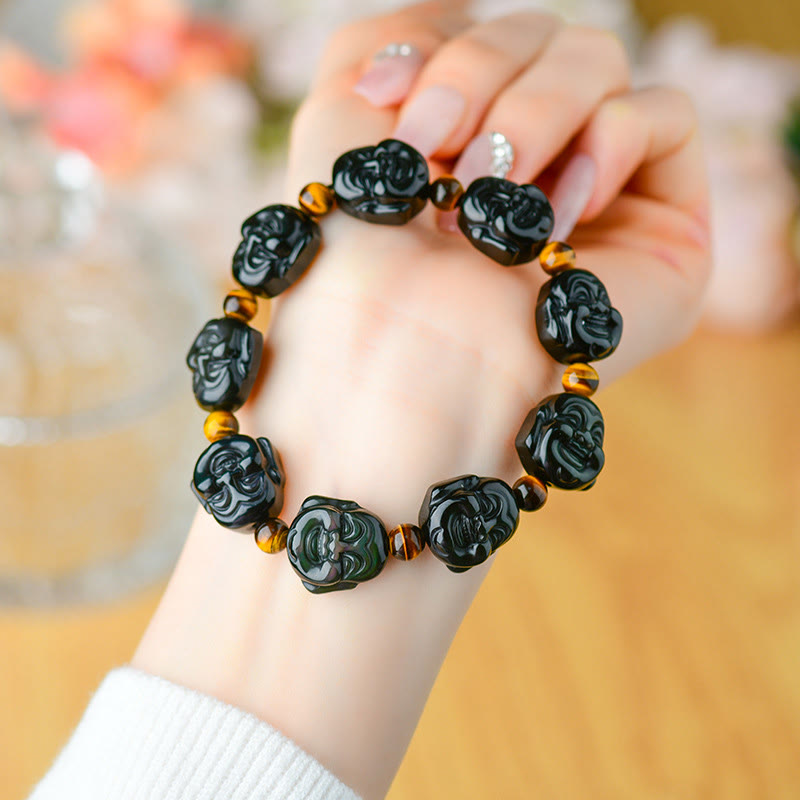 Buddha Stones Rainbow Obsidian Laughing Buddha Positive Transformation Bracelet - Large Rainbow Obsidian Laughing Buddha(Wrist Circumference: 14-18cm) - image 0