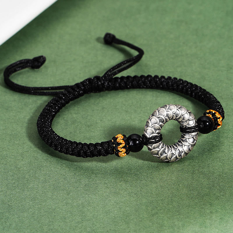 Buddha Stones Handmade Black Onyx 999 Sterling Silver Peace Buckle Dragon Black String Luck Braided Bracelet - image 1