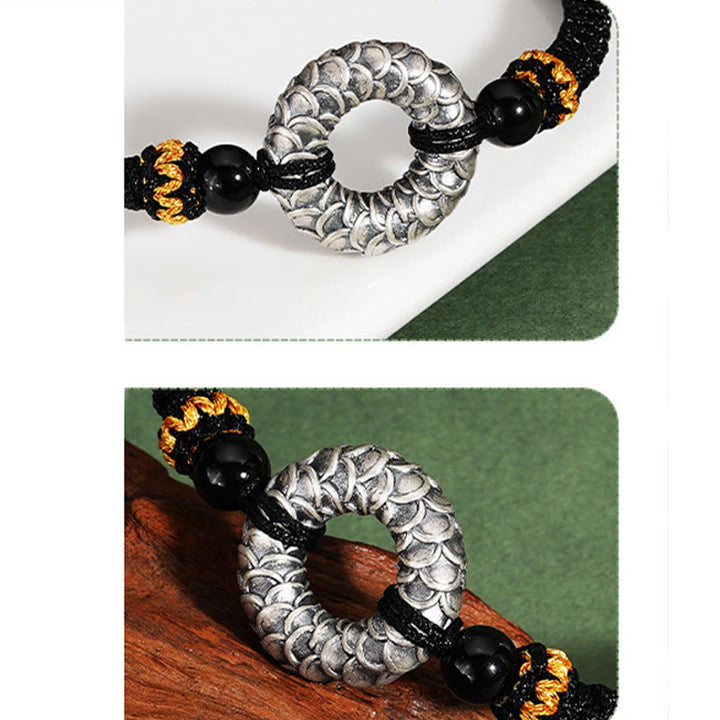 Buddha Stones Handmade Black Onyx 999 Sterling Silver Peace Buckle Dragon Black String Luck Braided Bracelet - image 9