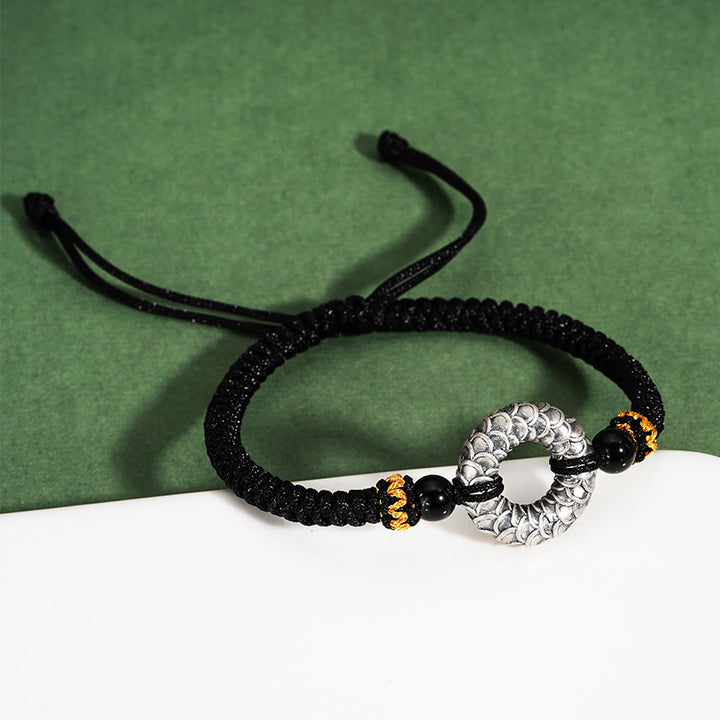 Buddha Stones Handmade Black Onyx 999 Sterling Silver Peace Buckle Dragon Black String Luck Braided Bracelet - image 3