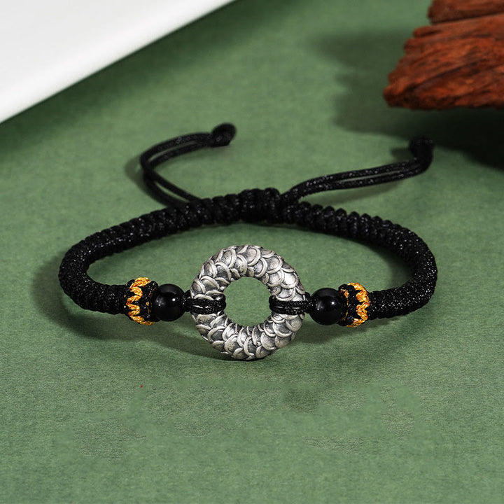 Buddha Stones Handmade Black Onyx 999 Sterling Silver Peace Buckle Dragon Black String Luck Braided Bracelet - Black Onyx 999 Sterling Silver Dragon String(Length: 9cm) - image 0