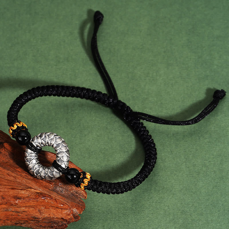 Buddha Stones Handmade Black Onyx 999 Sterling Silver Peace Buckle Dragon Black String Luck Braided Bracelet - image 2