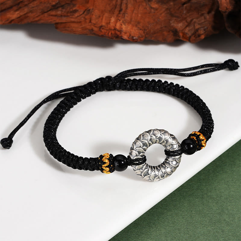 Buddha Stones Handmade Black Onyx 999 Sterling Silver Peace Buckle Dragon Black String Luck Braided Bracelet - image 4