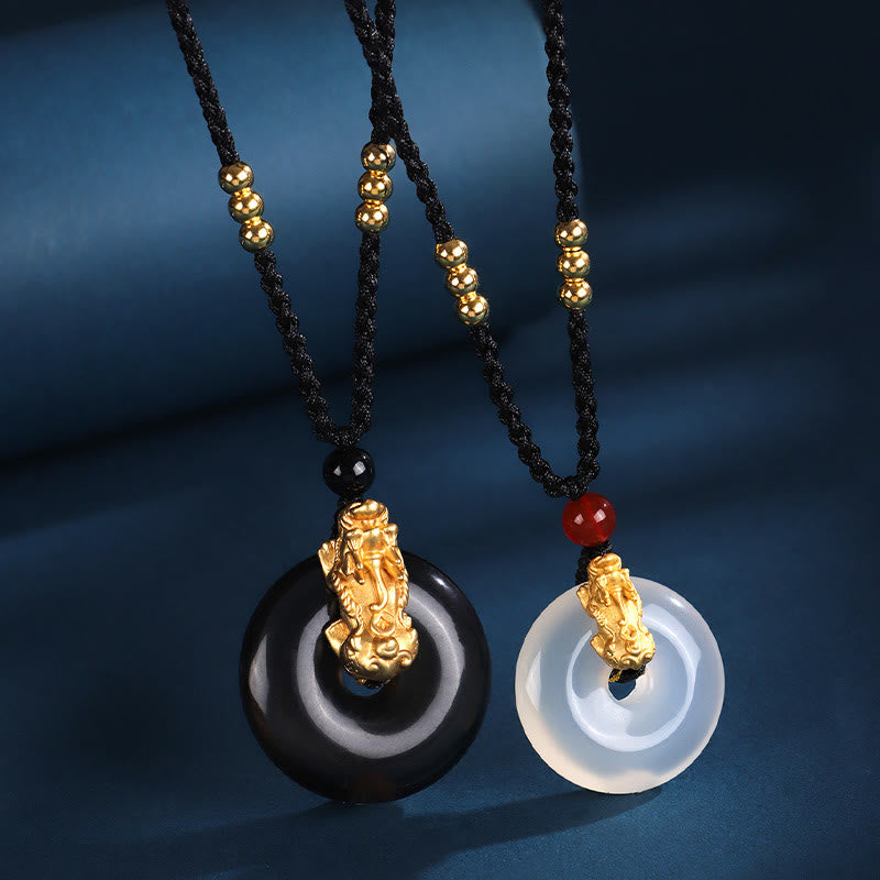 Buddha Stones  Black Onyx White Agate Peace Buckle 999 Sterling Silver Gold PiXiu Fortune Necklace Pendant - image 0