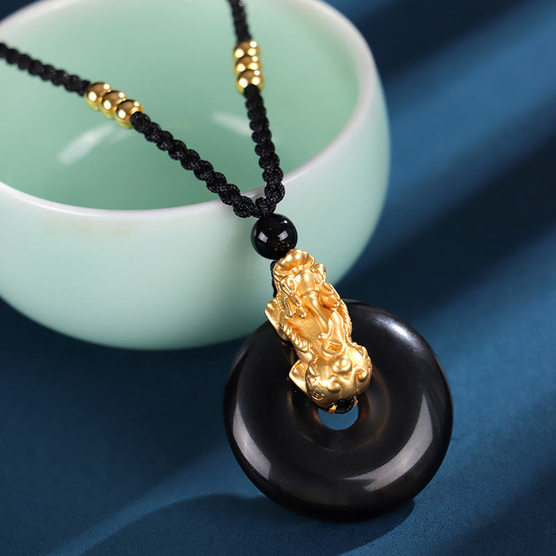 Buddha Stones  Black Onyx White Agate Peace Buckle 999 Sterling Silver Gold PiXiu Fortune Necklace Pendant - Black Onyx 999 Sterling Silver Gold PiXiu(Length: About 36cm) - image 1