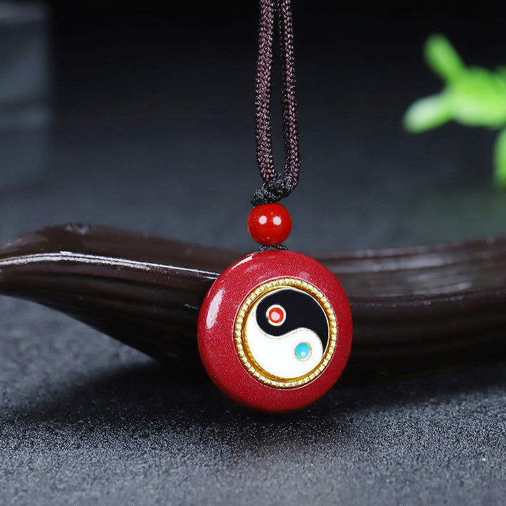 Buddha Stones Natural Cinnabar Yin Yang Design Braided String Blessing Necklace Pendant - Cinnabar Yin Yang - image 0