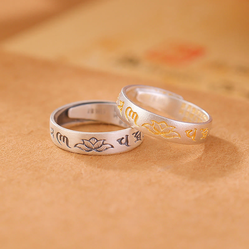 Buddha Stones 999 Sterling Silver Lotus Six True Words 'om Mani Padme Hum' Adjustable Enlightenment Ring - image 0