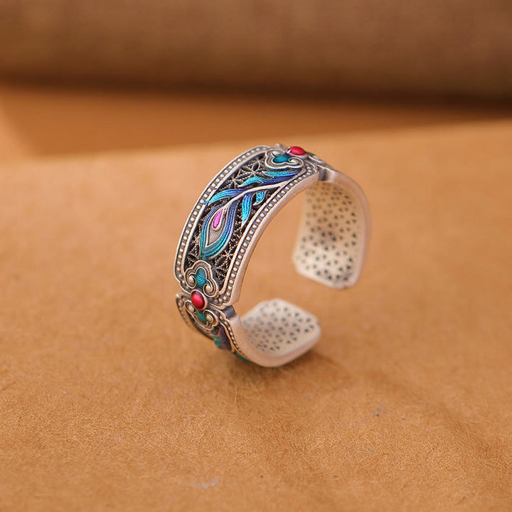 Buddha Stones 999 Sterling Silver Enamel Feather Design Adjustable Calm Ring - 999 Sterling Silver Blue Enamel(Inner Diameter 54mm-60mm) - image 9