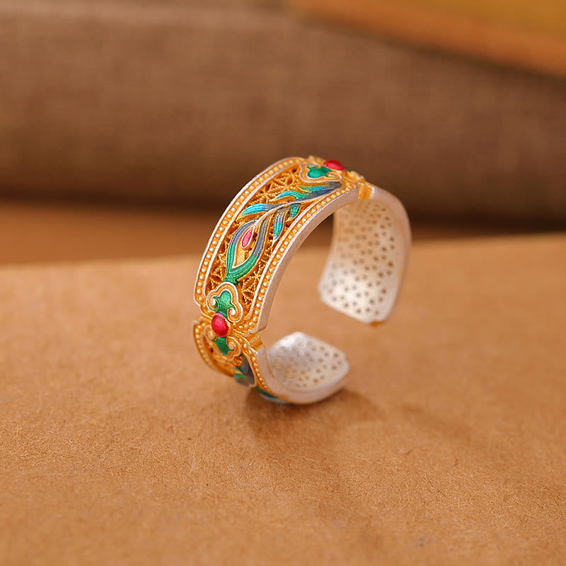 Buddha Stones 999 Sterling Silver Enamel Feather Design Adjustable Calm Ring - 999 Sterling Silver Gold Enamel(Inner Diameter 54mm-60mm) - image 4