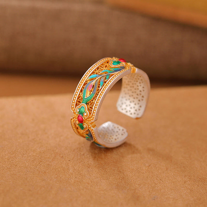 Buddha Stones 999 Sterling Silver Enamel Feather Design Adjustable Calm Ring - 999 Sterling Silver Gold Enamel(Inner Diameter 54mm-60mm) - image 4