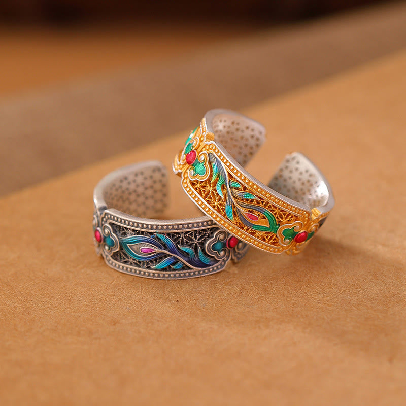 Buddha Stones 999 Sterling Silver Enamel Feather Design Adjustable Calm Ring - image 1