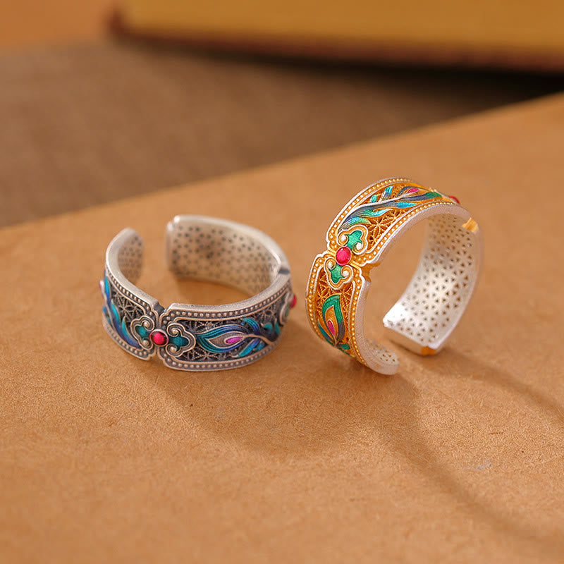 Buddha Stones 999 Sterling Silver Enamel Feather Design Adjustable Calm Ring - image 0