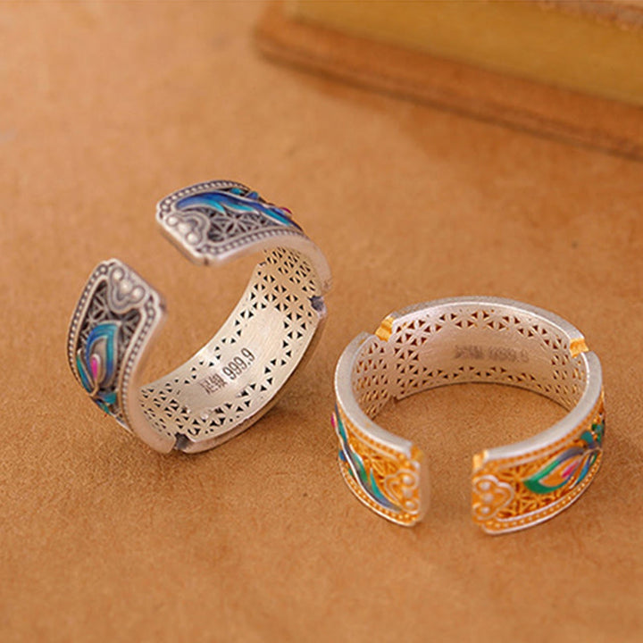 Buddha Stones 999 Sterling Silver Enamel Feather Design Adjustable Calm Ring - image 3