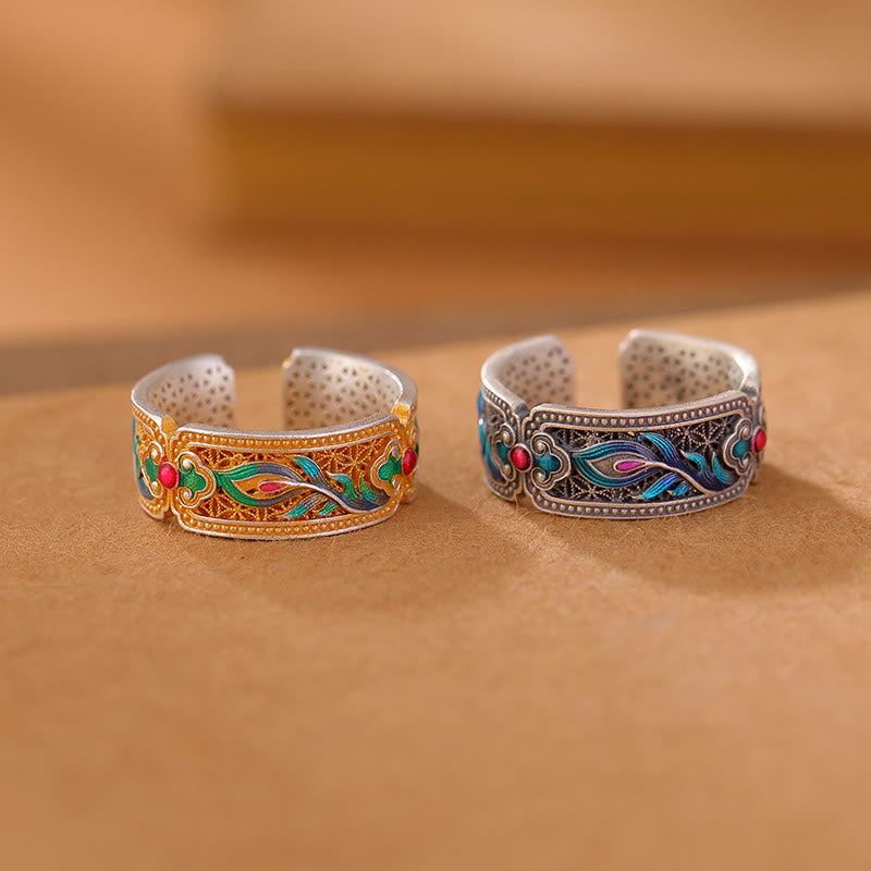 Buddha Stones 999 Sterling Silver Enamel Feather Design Adjustable Calm Ring - image 2