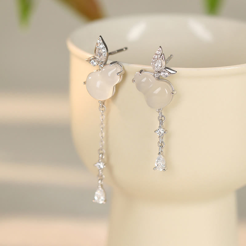 Buddha Stones Hetian Jade Magnolia Chalcedony 925 Sterling Silver Butterfly Gourd Luck Earrings - Chalcedony Silver Butterfly Gourd - image 0