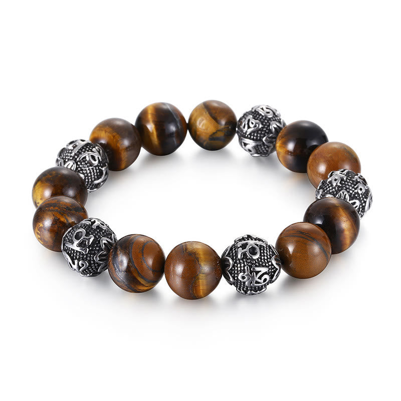 Buddha Stones Natural Lava Rock Tiger Eye Titanium Steel Six-True-Words Om Mani Padme Hum Healing Bracelet - image 10