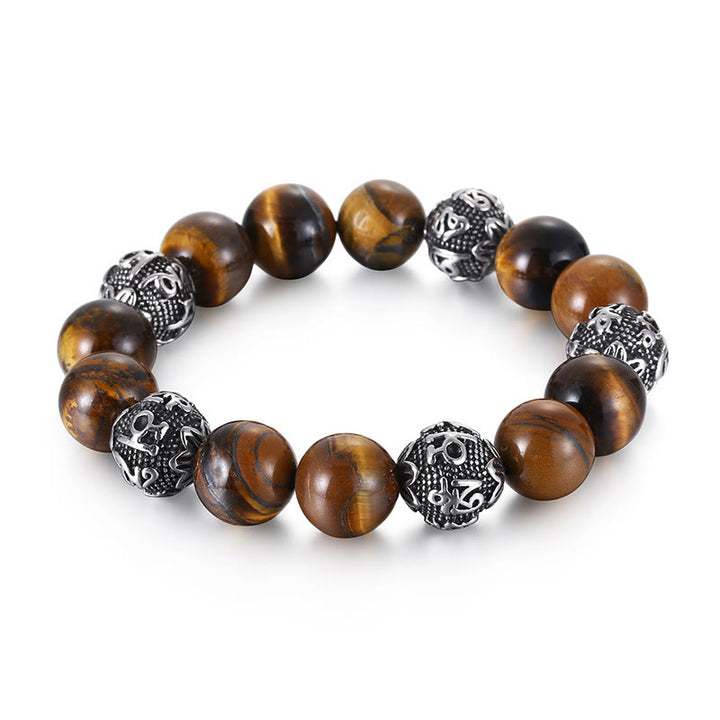 Buddha Stones Natural Lava Rock Tiger Eye Titanium Steel Six-True-Words Om Mani Padme Hum Healing Bracelet - image 10