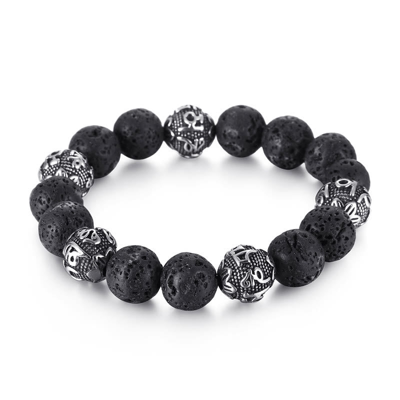 Buddha Stones Natural Lava Rock Tiger Eye Titanium Steel Six-True-Words Om Mani Padme Hum Healing Bracelet - image 3