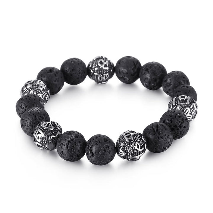 Buddha Stones Natural Lava Rock Tiger Eye Titanium Steel Six-True-Words Om Mani Padme Hum Healing Bracelet - image 3
