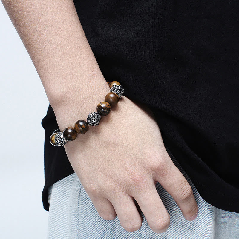 Buddha Stones Natural Lava Rock Tiger Eye Titanium Steel Six-True-Words Om Mani Padme Hum Healing Bracelet - image 14
