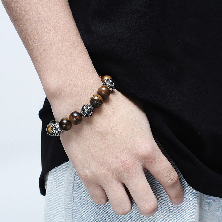 Buddha Stones Natural Lava Rock Tiger Eye Titanium Steel Six-True-Words Om Mani Padme Hum Healing Bracelet - image 14
