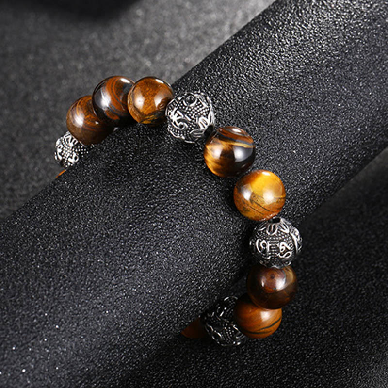Buddha Stones Natural Lava Rock Tiger Eye Titanium Steel Six-True-Words Om Mani Padme Hum Healing Bracelet - image 9