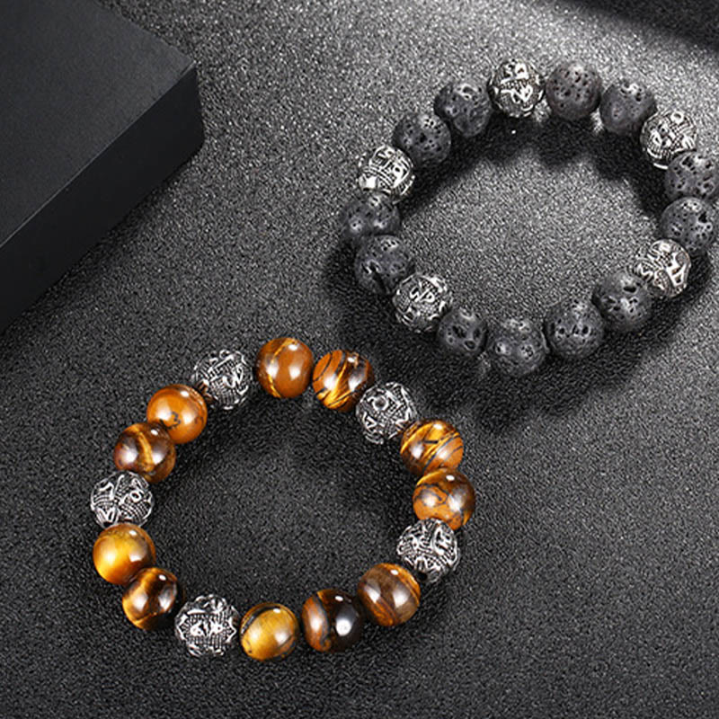 Buddha Stones Natural Lava Rock Tiger Eye Titanium Steel Six-True-Words Om Mani Padme Hum Healing Bracelet - image 16