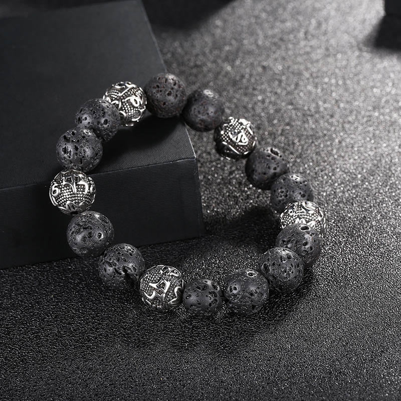 Buddha Stones Natural Lava Rock Tiger Eye Titanium Steel Six-True-Words Om Mani Padme Hum Healing Bracelet - Lava Rock(Wrist Circumference: 17-21cm) - image 0