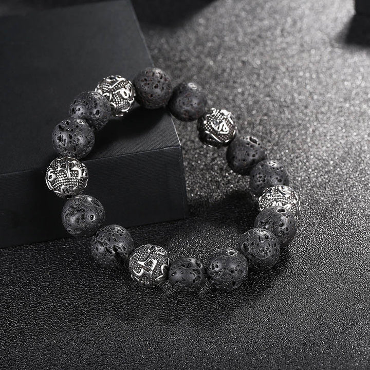 Buddha Stones Natural Lava Rock Tiger Eye Titanium Steel Six-True-Words Om Mani Padme Hum Healing Bracelet - Lava Rock(Wrist Circumference: 17-21cm) - image 0